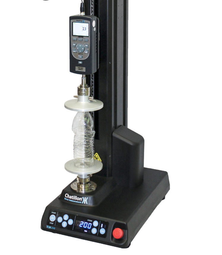 Top load testing of a plastic bottle using a Chatillon TCM test stand.