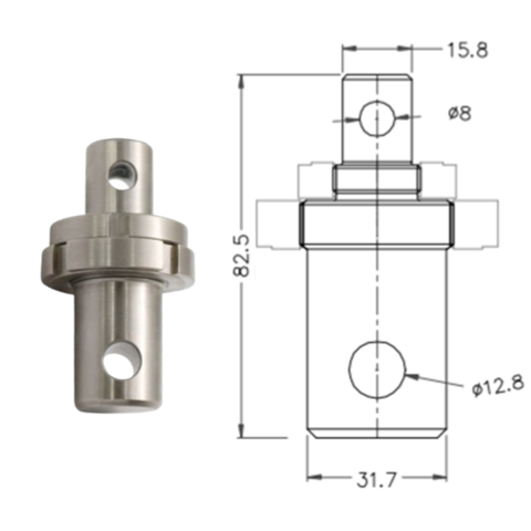 Clevis adapter to fit grips that have a 5/8" eye end to a load cell or test stand with a 1.25" eye end.