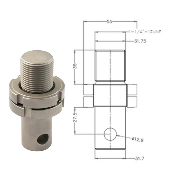 A31.7-1.25Z-12, 1.25" Male Eye End to 1.25"-12UNF Thread Adapter